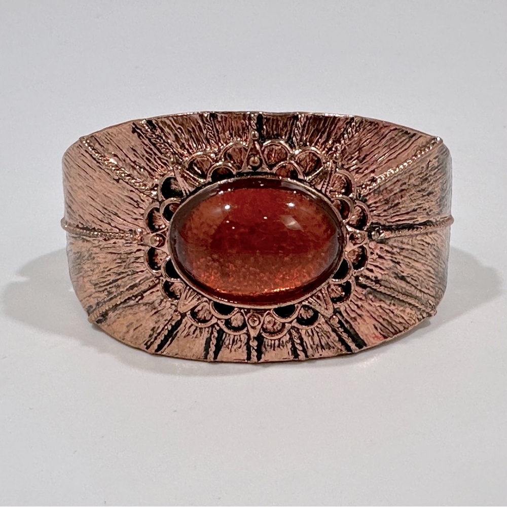 Antiqued Amber Look Cabochon Stone Hinged Bracelet Gypsy Festival Boho